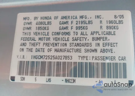 2005 Honda Accord 2.4 Lx Special Edition из США, поврежденный, VIN 1HGCM72525A027853